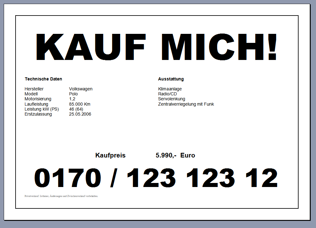 Gratis Kfz Preisschild Furs Auto Word Datei Autofreund24